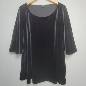 Lauren Ralph Lauren Womens 3X Black Velvet Velour Flare Sleeve Blouse